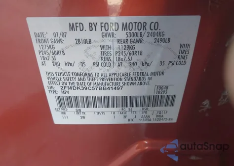 2007 Ford Edge Sel Plus from USA, damaged, VIN 2FMDK39C57BB41497